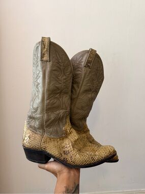 Dan Post Olive Green Leather & Yellow Tan Snakeskin Cowboy Boots
